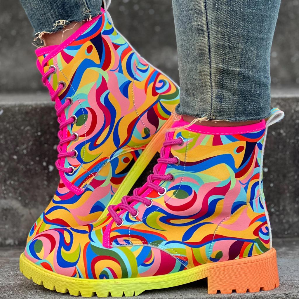 Dámské abstraktní barevné boty na masivním podpatku, Módní kotníkové boty se šněrováním, Pohodlné kotníkové boty