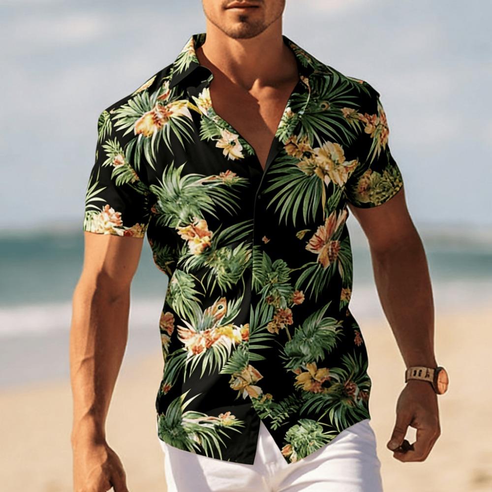 Men's Tropical Floral Print Short Sleeve Shirt, Spring Summer Cool Vacation