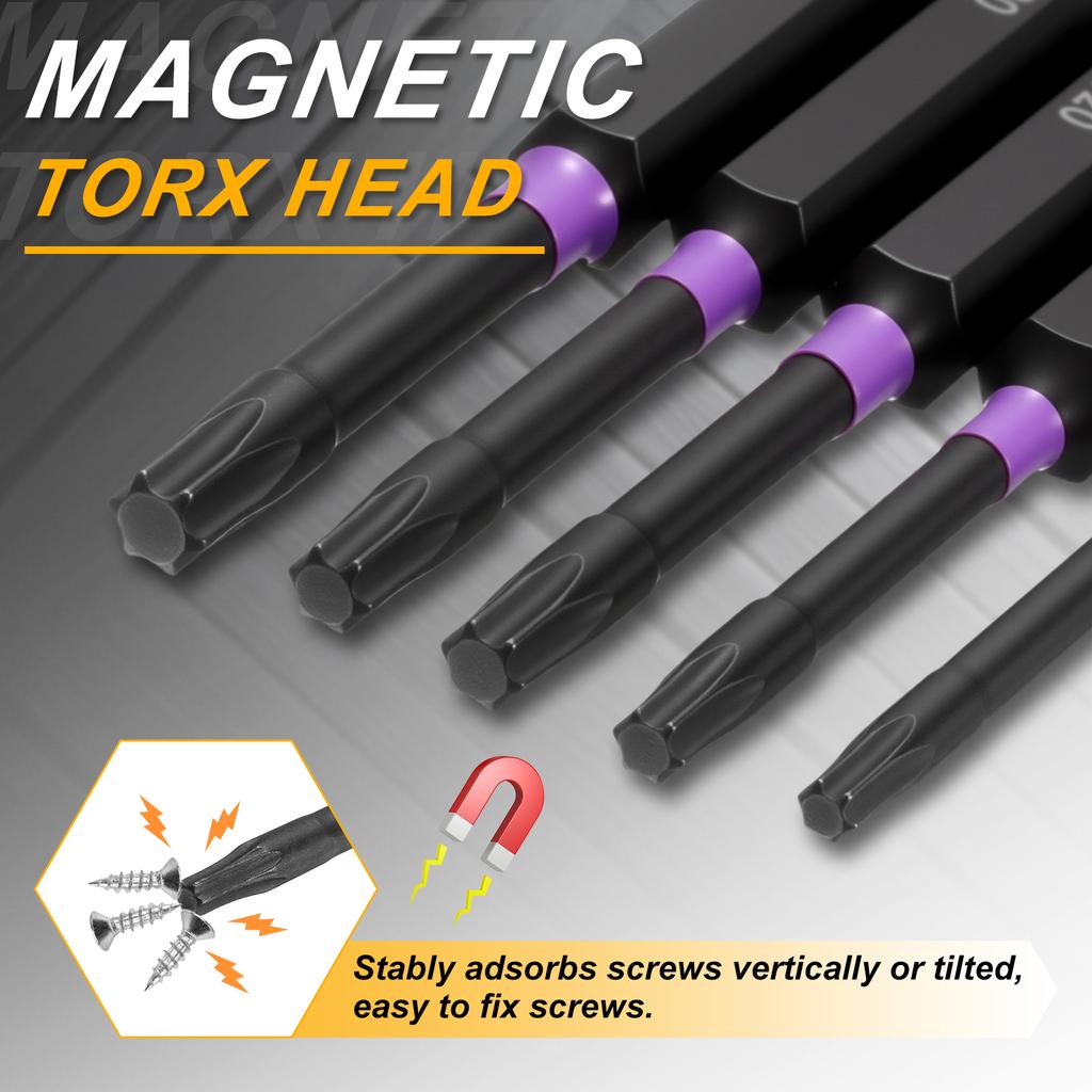 T7-T50 Torx Head Impact Screwdriver Bits 1/4" Hex Shank Magnetic No Hole Tamper Proof 6 Point Star Screw Driver Bits Power Tools