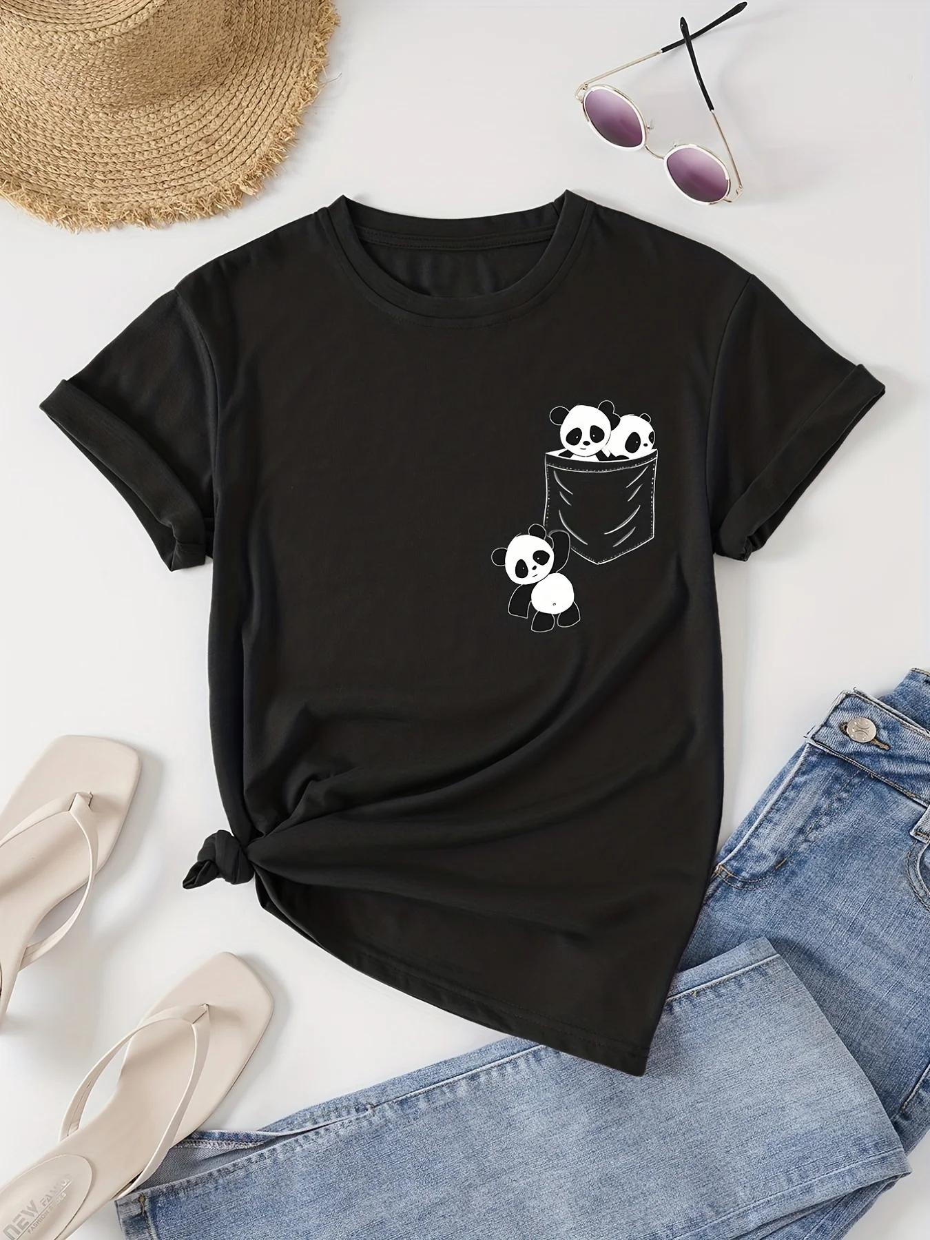 Футболка Kaus leher kru с мотивом Panda, lengan pendek casual untuk Musim Semi & musim panas, pakaian wanita kerah O dasar kasual S