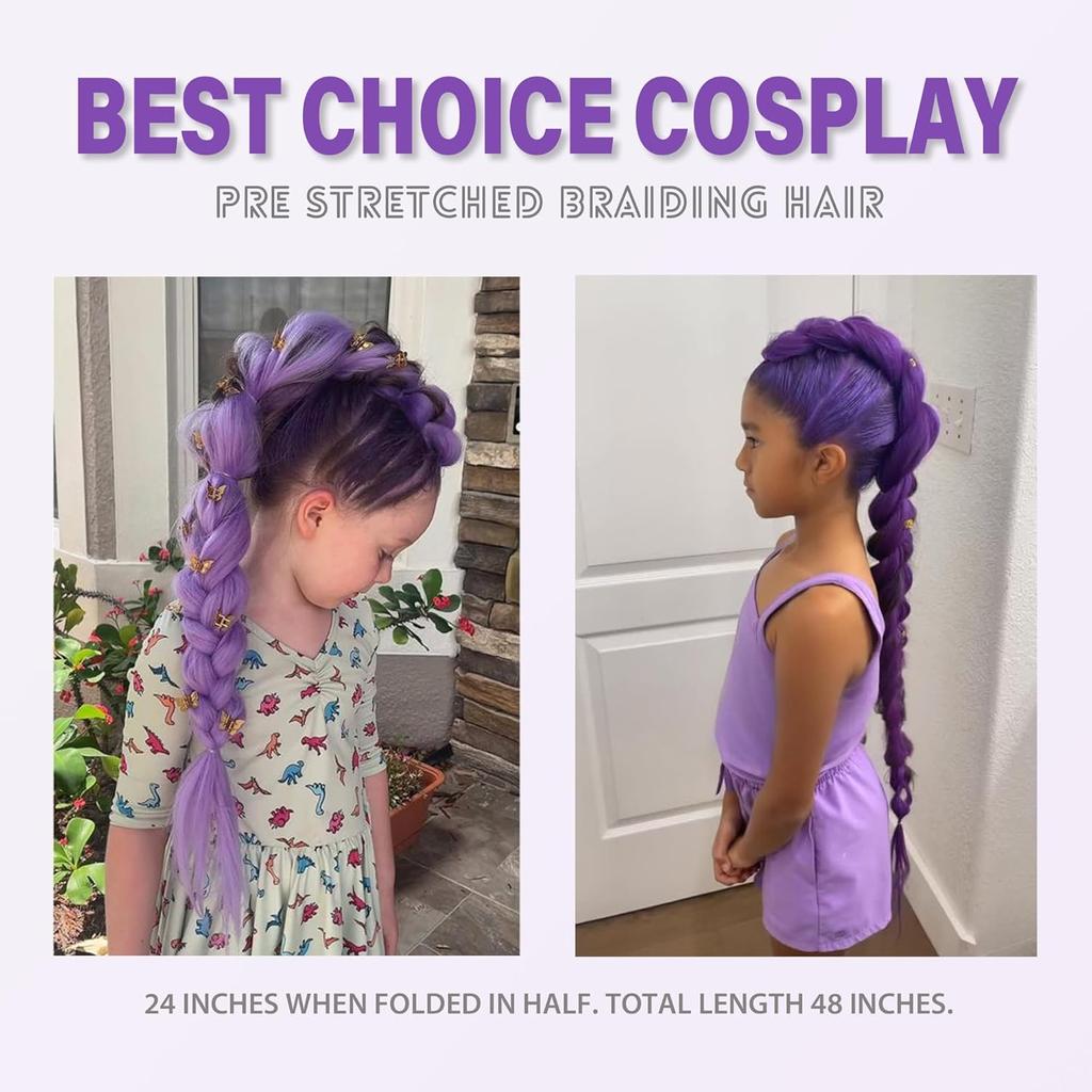 Purple Braiding Hair Extensions, Synthetic Pre-Stretched Purple Braiding Hair for Braids Cosplay Halloween Stage Performances