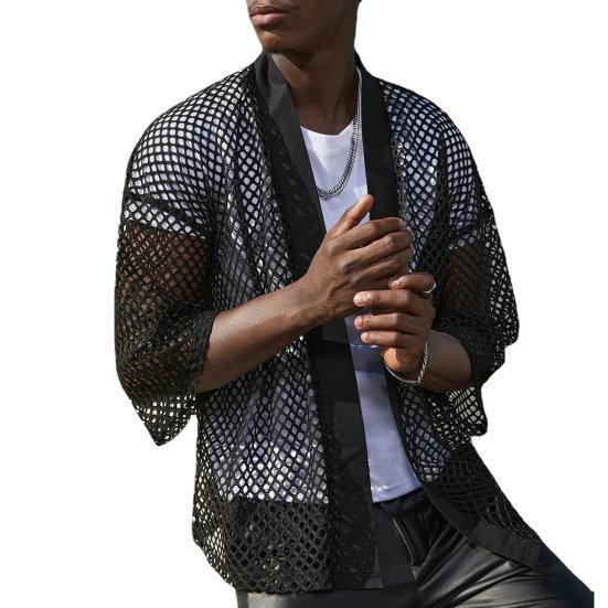 Men Club Shirt Hollow Out Mesh Cardigan Three Quarter Sleeve Thin Clubwear See-through