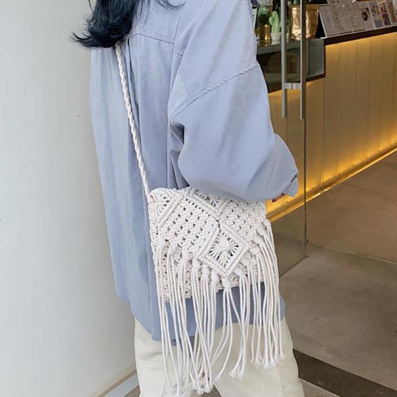 Yogodlns Bohemian Tassel Straw Bag Women Fashion Weave Handmade Crossbod Bag Summer Kintted Beach Handbag Vacation Lady Pouch