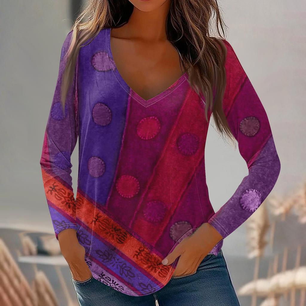 Womens Long Sleeve Tops V Neck Shirts Casual Flower Print Basic Trendy Tee Blouses Fall Tunic Outfits Fitted T Shirts