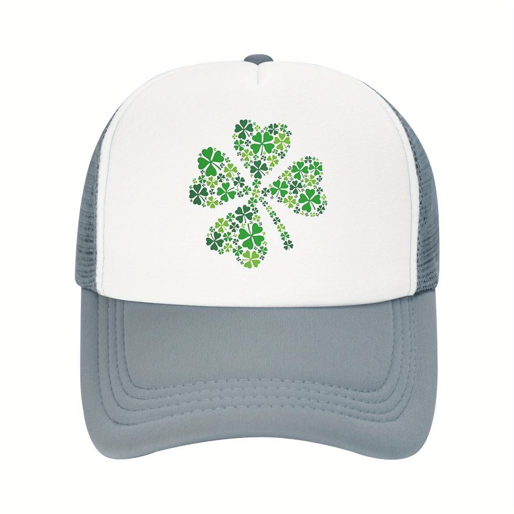 Four Leaf Clover Trucker Hat Breathable Mesh Baseball Cap Green Print Casual Adjustable Unisex Adult