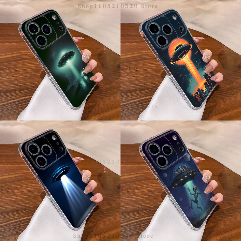 Funny Space UFO Thing Phone Case For iPhone 16,15,17,12,13,14,11 Max,Pro,Plus,X,XS,XR,SE4,E Mini Transparent Cover