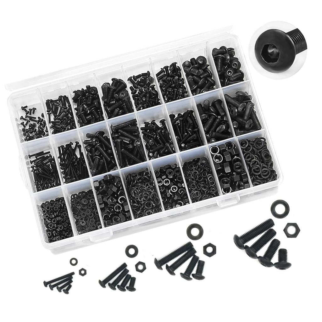 1220Pcs 10.9 Grade Alloy Steel Hex Socket Button Cap Head Metric Screw Assortment Small Machine Screw Set for 3D Printing DIY