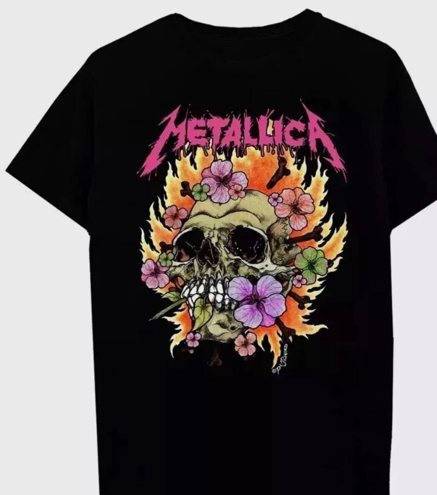 Metallica Floral Skull Boyfriend Fit Girls T-Shirt, Metallica Rock Band Vintage