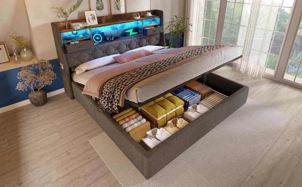 Upholstered Bed 140x200 Cm Hydraulic Storage & LED Headboard, 4 Charging Stations (USB/Type-C), Bed Slatted Base, Grey Linen Fabric (Without Mattress)