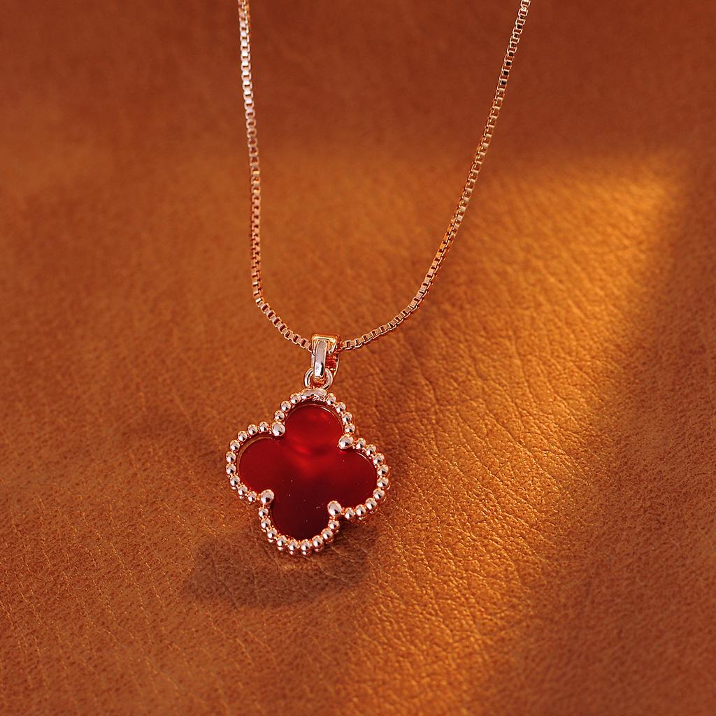 New Style Red Four-leaf Clover Necklace for Women Natural Red Agate Choker