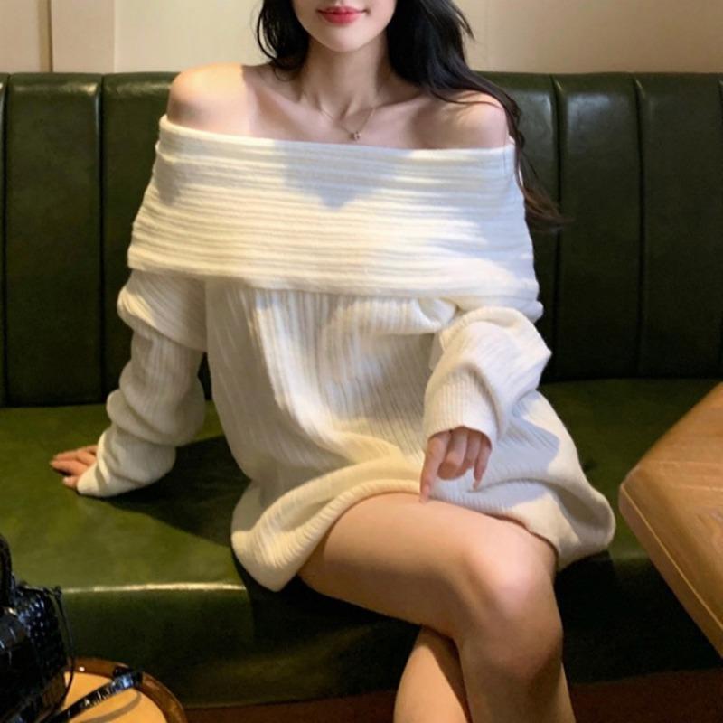 Autumn and winter new lazy style high-end knitted pullover elegant temperament one-word shoulder long-sleeved clothes