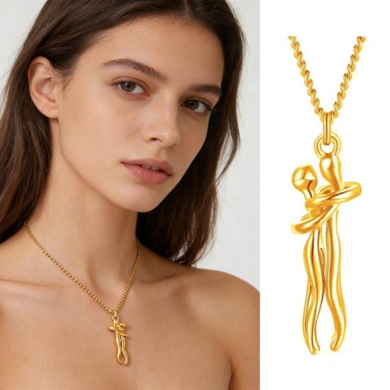 Golden Hugging Couple Pendant Necklace Lightweight Hypoallergenic Embrace Men Women Chain Necklace Fashion Jewelry Accessories Birthday Gift