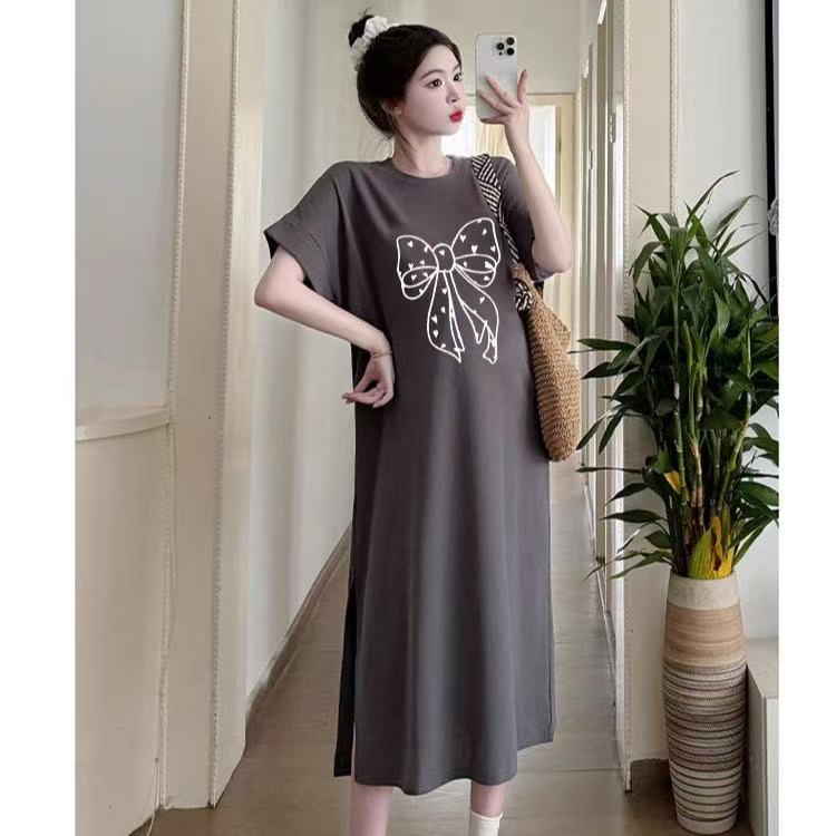 Xiaofei Sleeve Korean T-shirt Skirt Women's 2026 New Loose Casual Large Size Dress Black Split Long Dress Summer