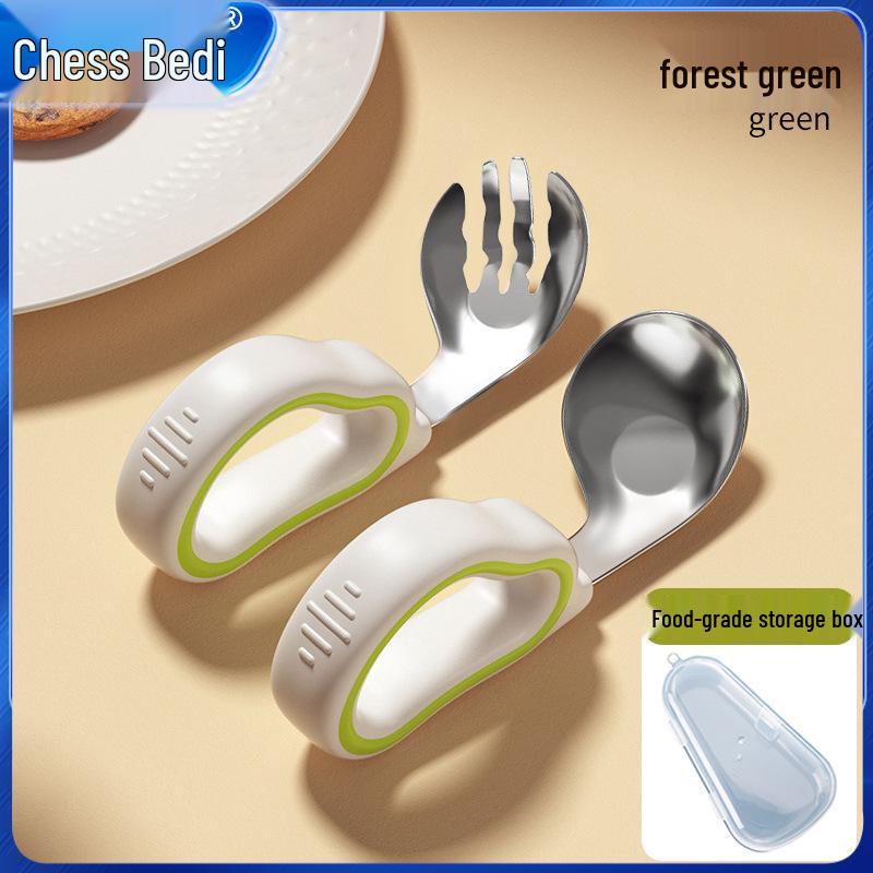 Infant Training Silicone Spoon & Fork Set - Stainless Steel, Short Handle, Bent Head for Learning To Eat