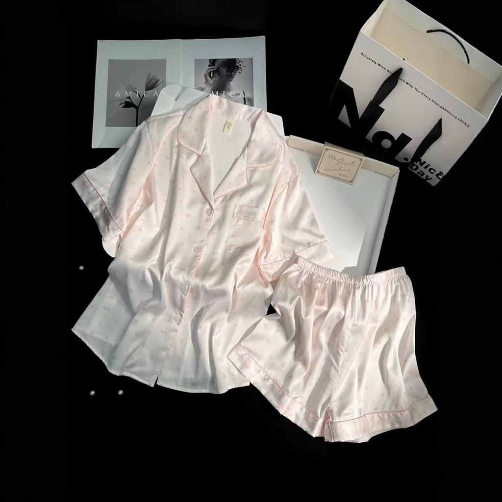 Summer and Autumn Ice Silk Pink Satin Short Sleeve Shorts Pajamas Fresh Women's Loungewear Simple Fashion Printed