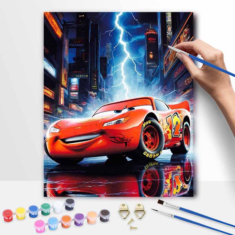 Disney Oil Painting DIY Digital Painting Lightning McQueen Racing Car City Scene Wall Art for the Living Room or Entryway.