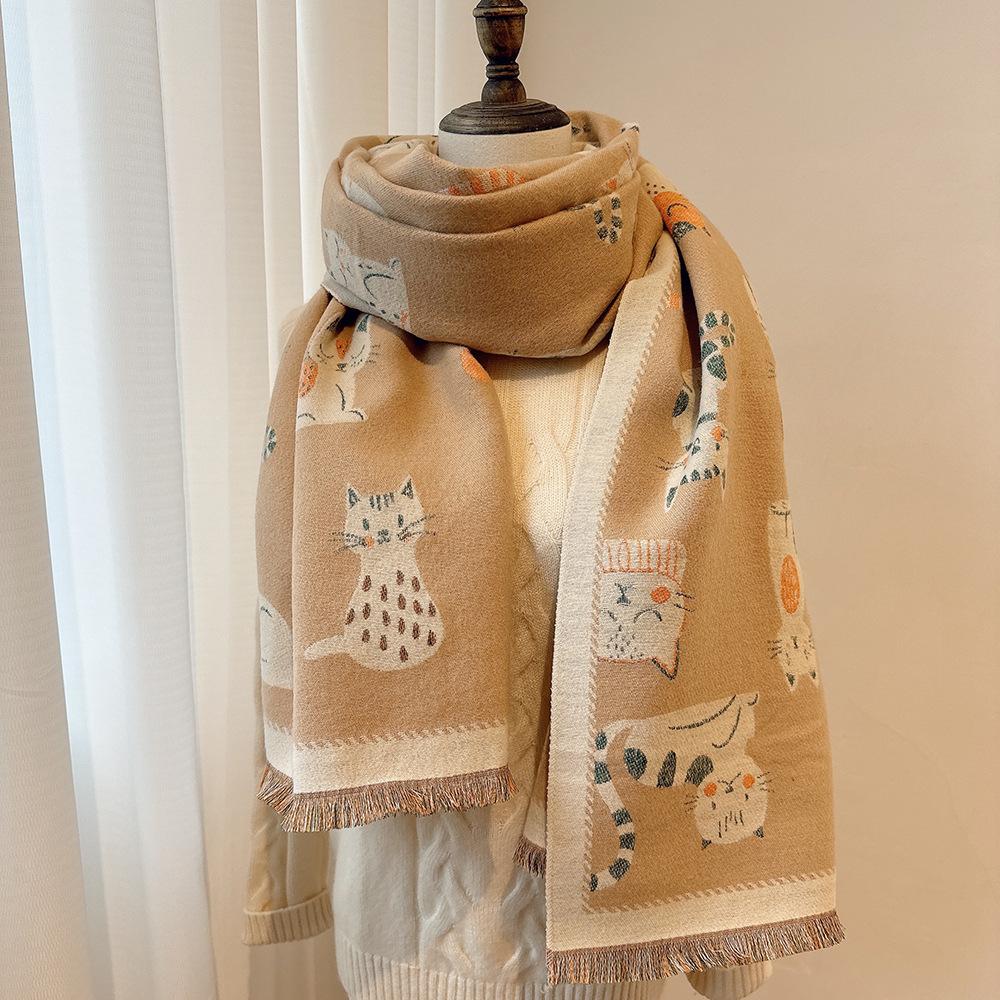 New Double-sided Contrasting Color Jacquard Scarf Women's Winter Warm Fashion Shawl Outer Shoulder and Neck Protection