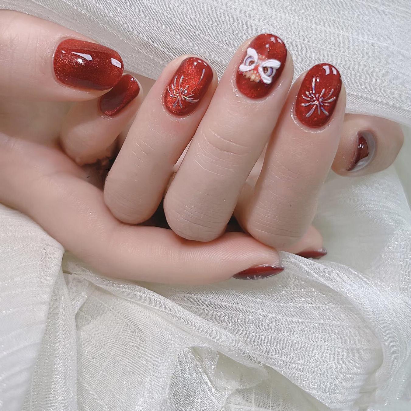 

Cherry Red Lion Dance Firework Nails - Festive Short Wearable Manicure
