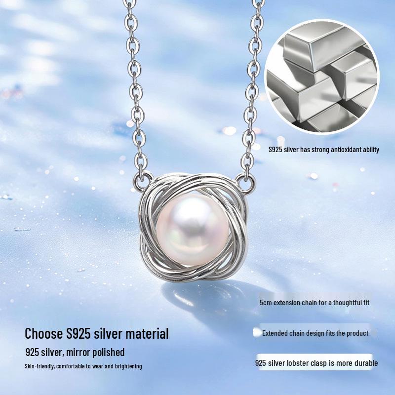 Elegant S925 Sterling Silver Necklace for Women, featuring a Natural Freshwater Pearl and Star Ring Embracing the Moon pendant on a Clavicle Chain.