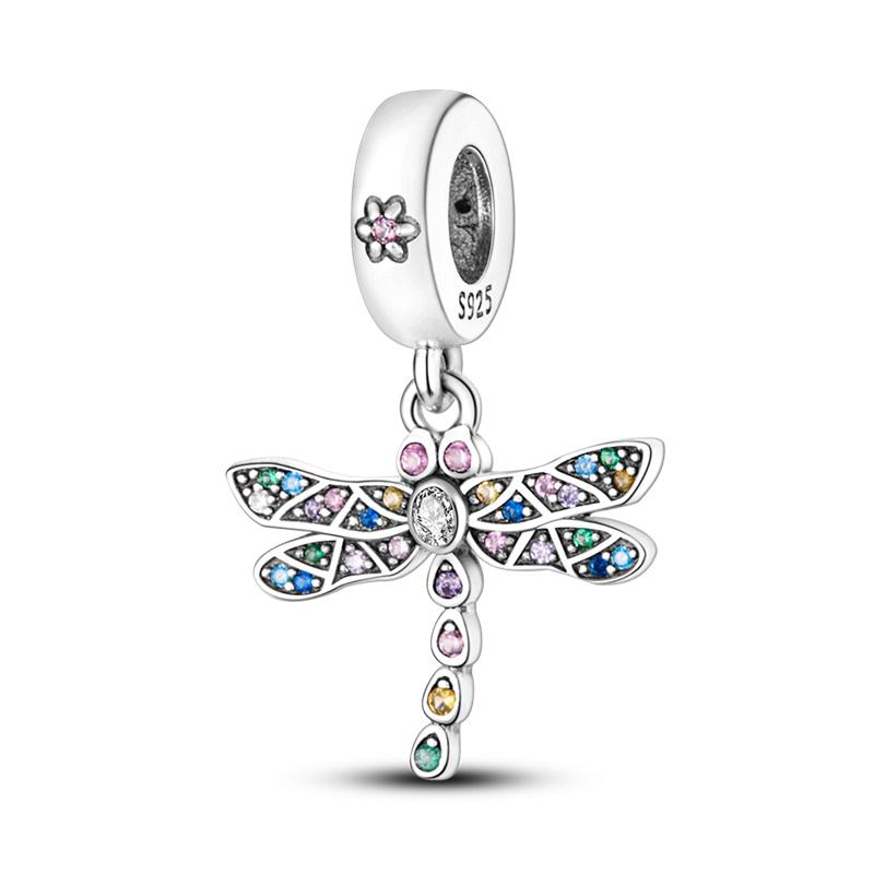 100% 925 Silver Exquisite Colored Dragonfly Charms Pendants Sparkling Zircon Fit Qikaola Original Bracelets DIY Jewelry