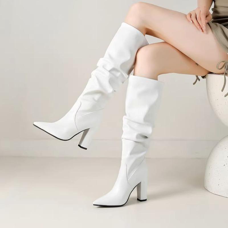 Fashion Pleated Women's Autumn and Winter Block Heel Mid-thigh Boots Retro Pointed Toe Western Skinny High Heel Long-thigh Boots