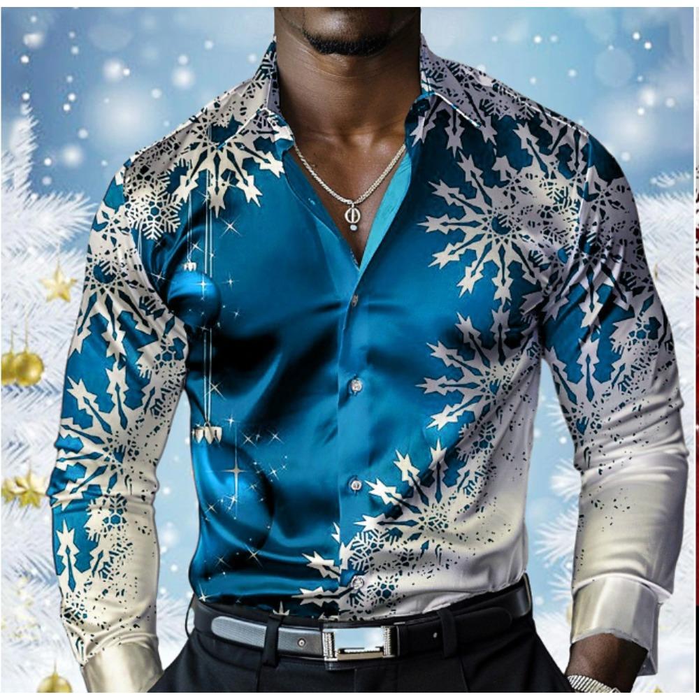 Heren Snowflake Print Lange Mouw Shirts Casual Vest Nieuwe Knopen Vakantie Mode Shirts