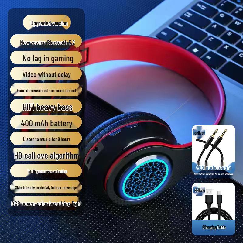 2025 Luminous Wireless Over-Ear Bluetooth Headphones with Heavy Bass and Large Earcups for Boys, Ideal for Running.