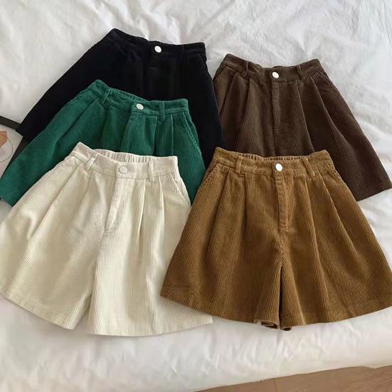 Vintage-Cord-Damen-Shorts, elastisch, hohe Taille, Knopf, Reißverschluss, Shorts, Taschen, weites Bein, kurze Hose