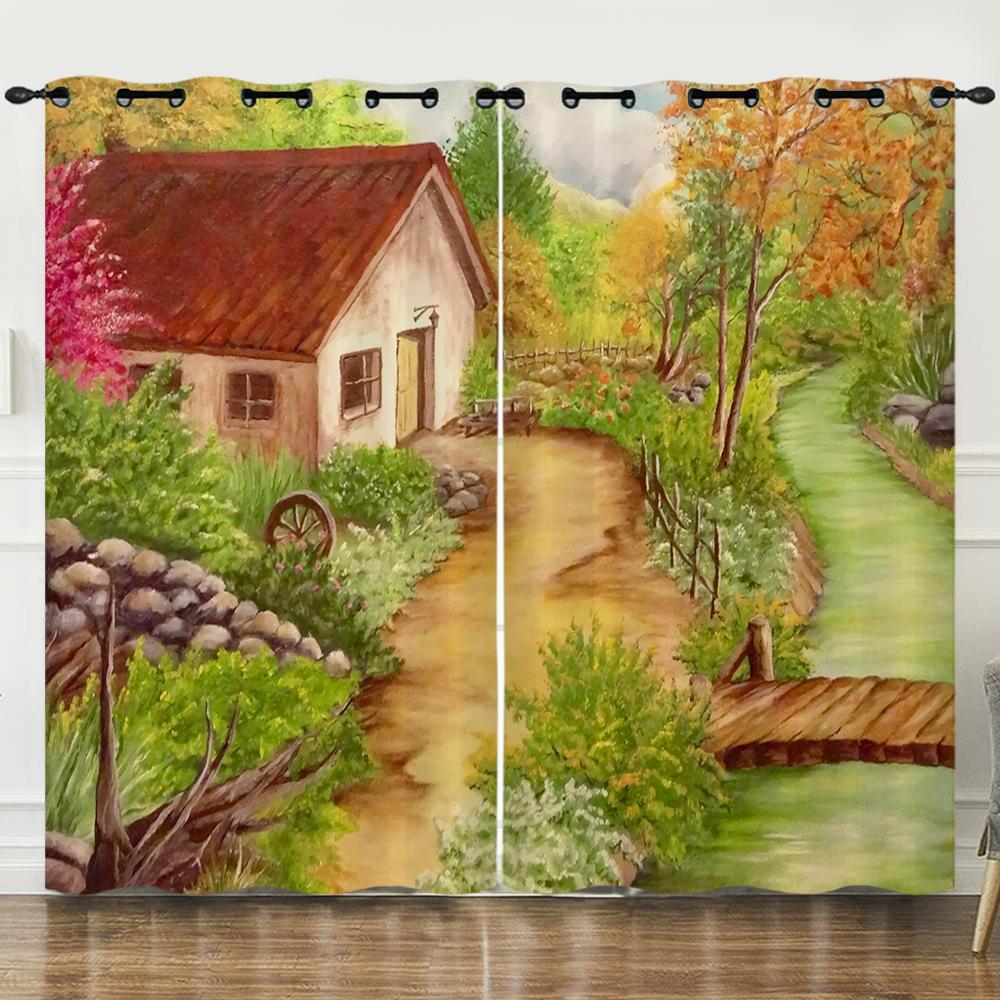 Curtain Oil Painting Landscape Firefly 3D Digital Printing Blackout Curtain Punching