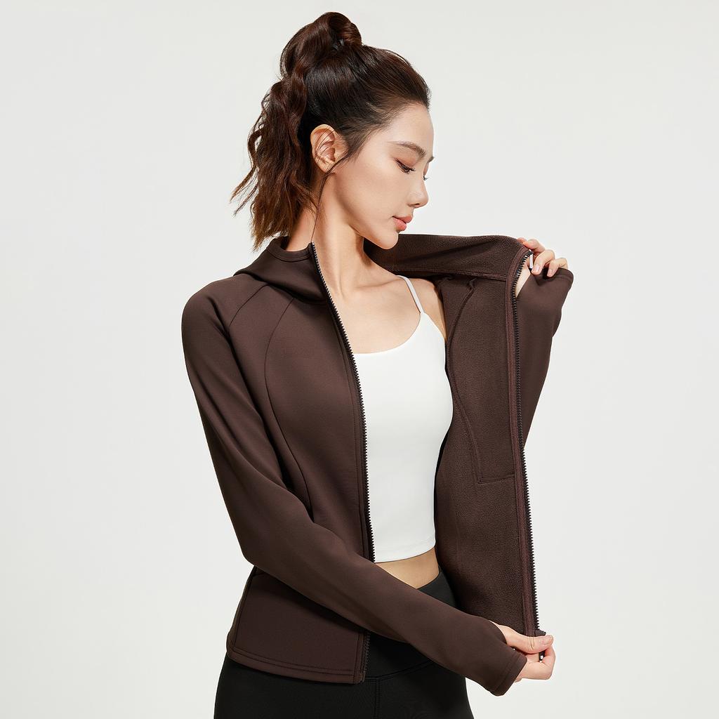 Autumn and Winter Plus Velvet Sports Jacket, Warm, Slim Waist, Women's Fitness, Hooded, Thickened Yoga Clothes