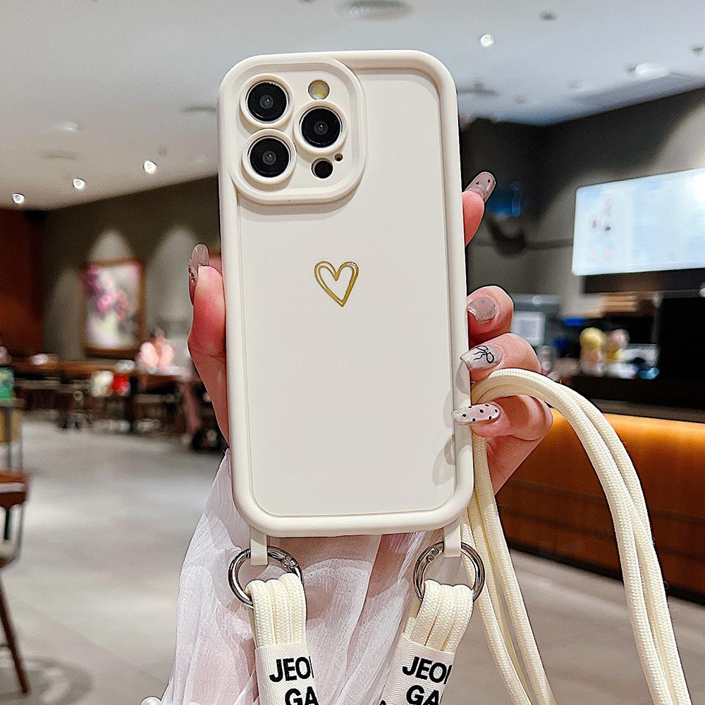 Cute Heart Crossbody Lanyard Liquid Silicone Soft Case For iPhone 17 16 15 Pro Max 14 13 12 11 XR 8 Plus Necklace Strap Cover