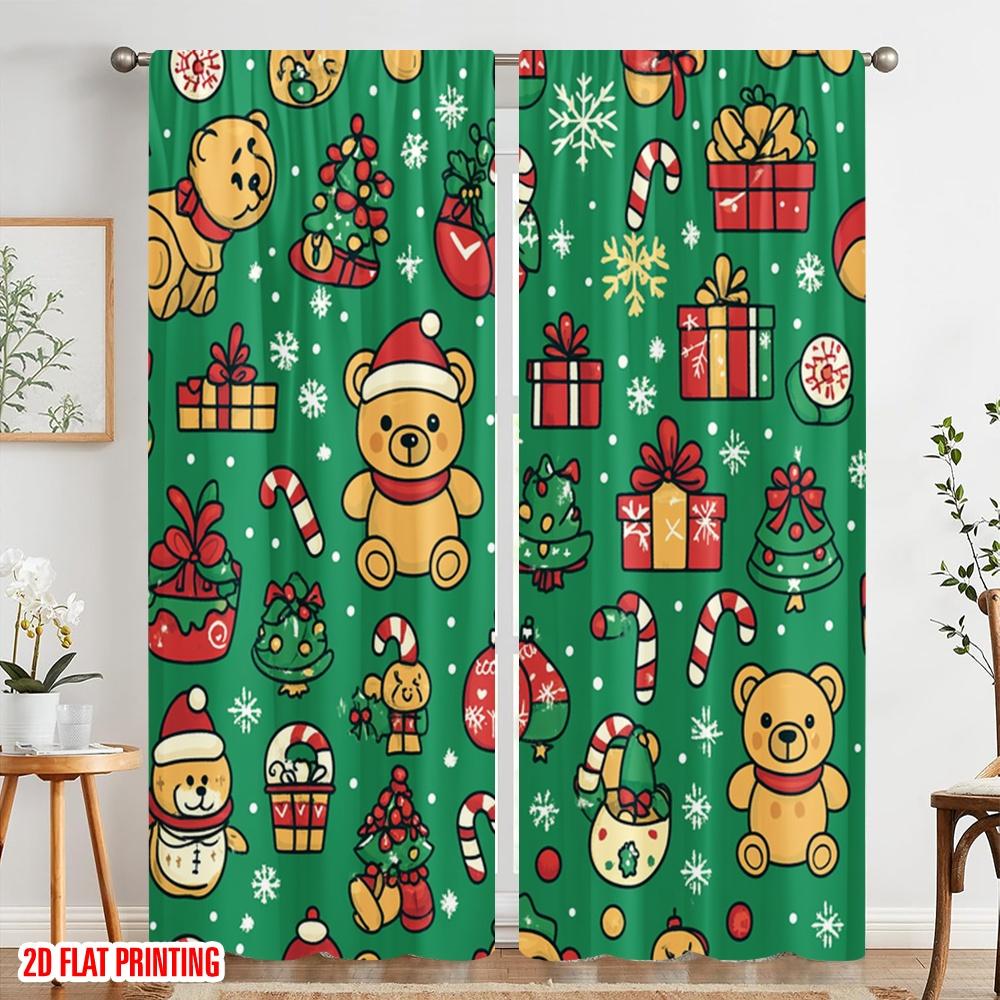 2 szt., druk płaski 2D Tkanina zasłonowa Boże Narodzenie Miś Prezenty Drzewka (2) Wszechstronny poliester (bez pręta) Dekoracje na świeżym powietrzu