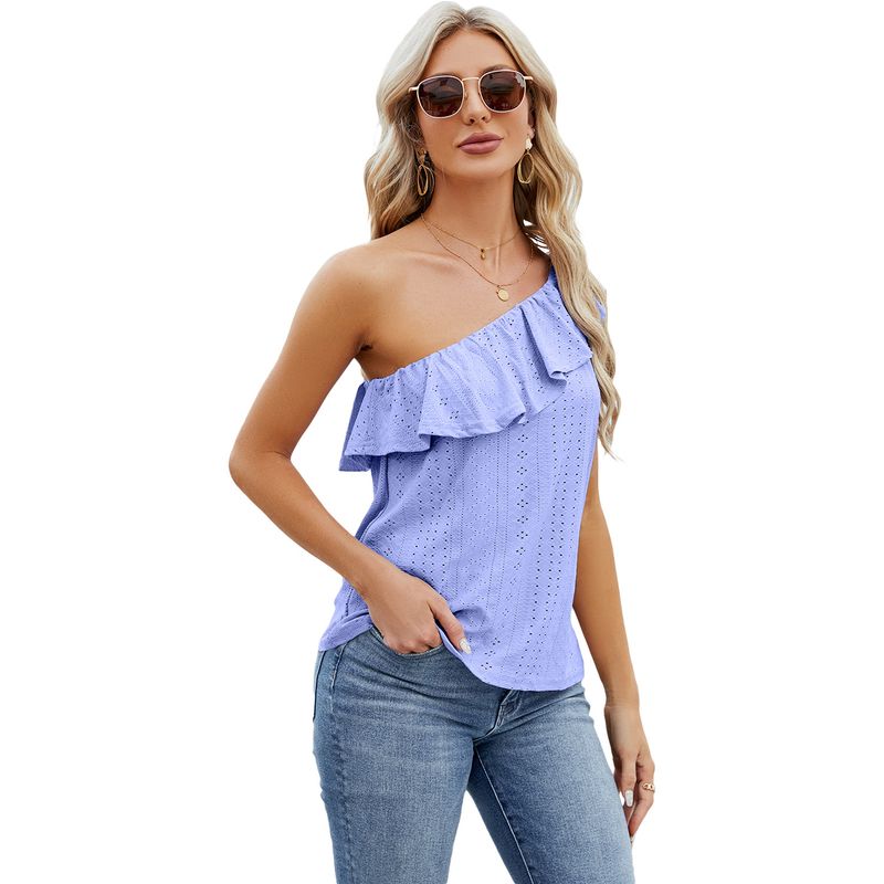 

Ruffled Solid-Color Vest Spring/Summer Slant Shoulder Minimalist Ruffles Pure Color Vest Pleated Tops Purple XXL