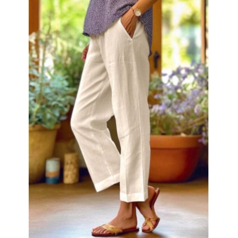 Women's Solid-Color Cotton-Linen Relaxed-Fit Wide-Leg Casual Pants with Elastic Waistband for Spring/Summer
