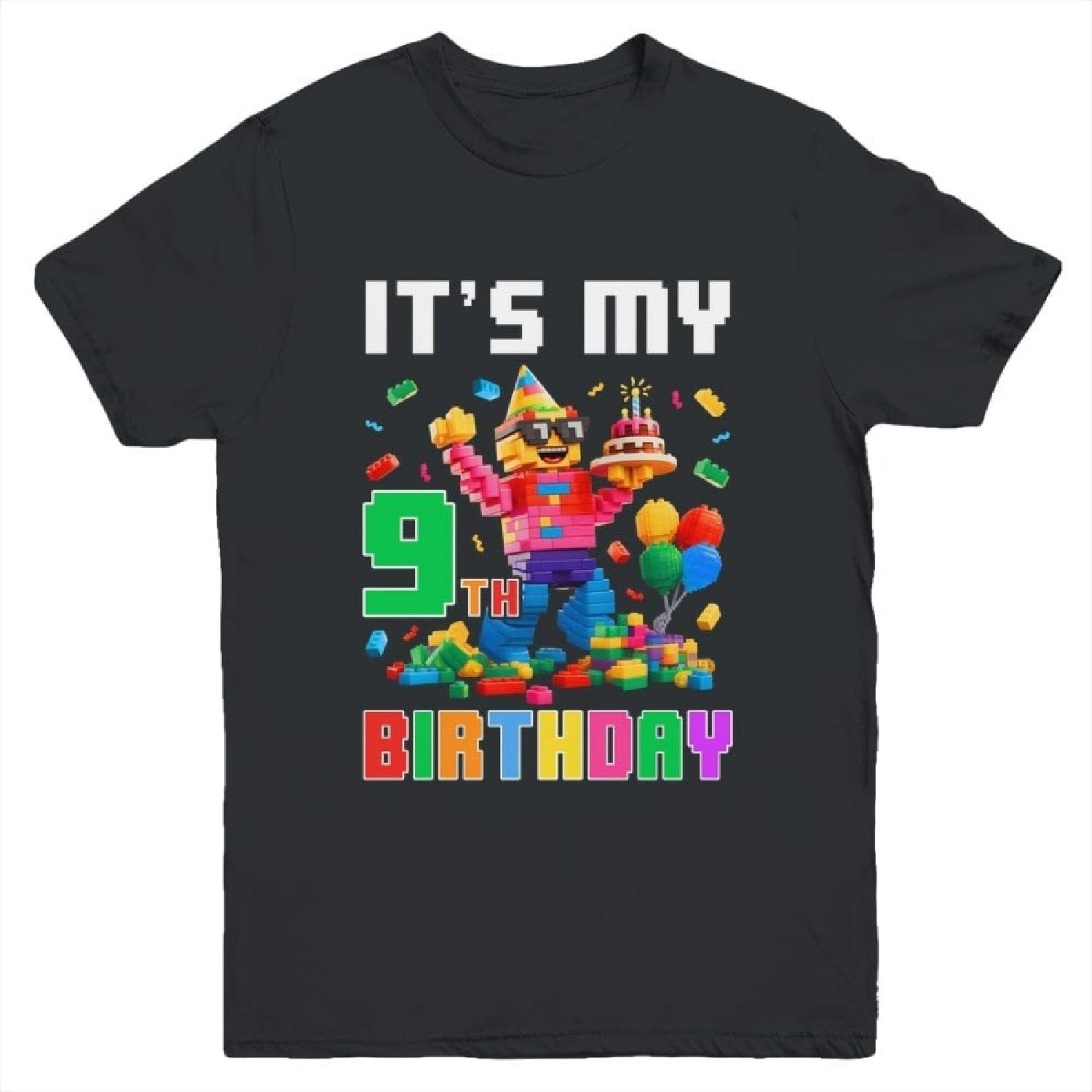 Its My 9th Nine Birthday Building Brick 9 Nine Old Boys Shirt Kid Short Sleeve Tee S