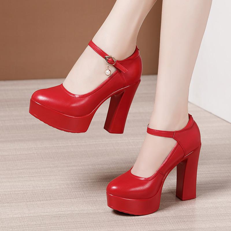 Fashion Size 32-43 Genuine Leather Thick Bottom Platform Pumps Women Wedding Shoes White 2024 Block High Heels Shoes for Office Model