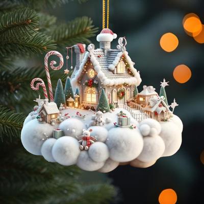 Yousheng Christmas House Pendant Acrylic 2D Flat Hanging Ornament Mini Cartoon Christmas House Decoration for Tree Mantel Car