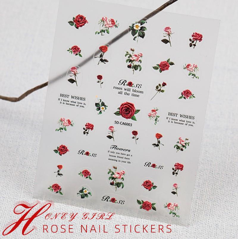 Retro Rose 5D Embossed Nail Art Stickers - Red Dark Rose Design with Adhesive
