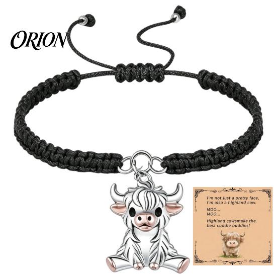 Small Animal Themed Gifts Cute Highland Cow Bracelet for Women, Metal Charm Adjustable Woven Rope Wristband with Card, Handmade Braided String