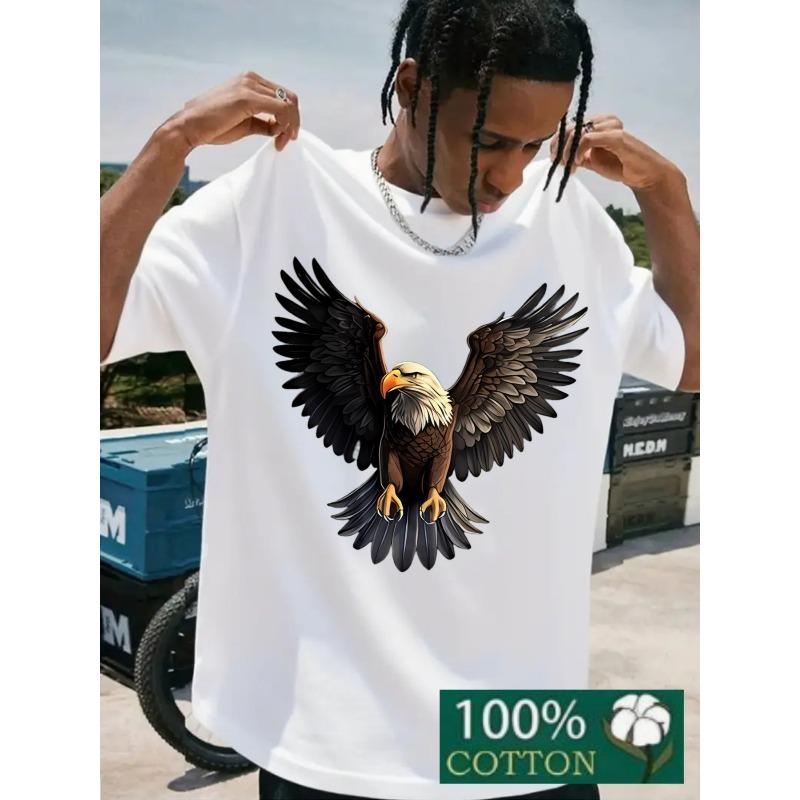 European sizes Men's Oversized Cotton T-Shirt with Bald Eagle Print - Loose Fit Short Sleeve Casual Streetwear