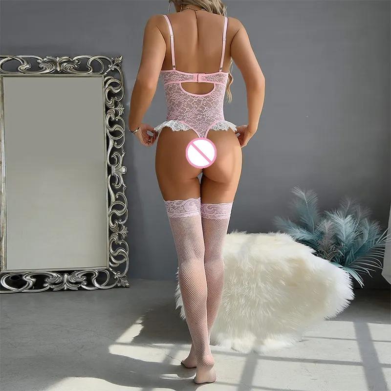 Pink Lingerie Set Sexy Bra Set Frilled Floral Lace Bralette Transparent High Waist Panty Garter Erotic Underwear Set For Women