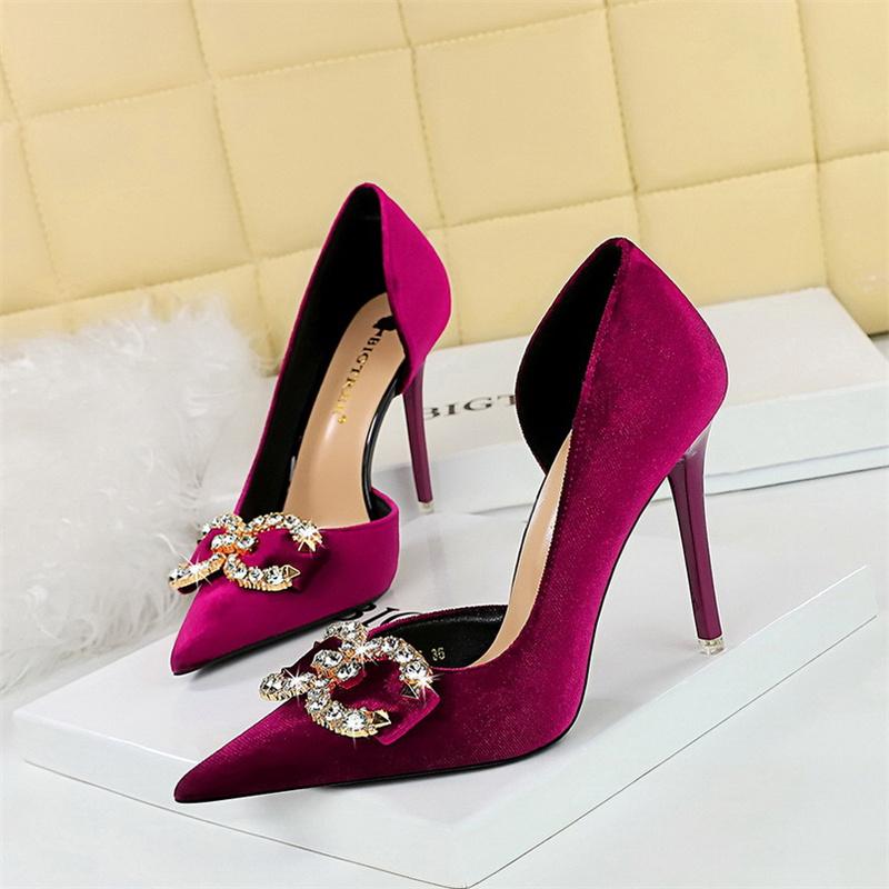 

Fashion Fashion Women High Heel Rhinestone Buckle Bow Green Pink Pointed Toe Party Pumps Velvet Luxury Elegant Wedding Evening Shoes 34(Foot22cm)