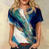Women's Short Sleeve Linen Cotton Shirt Henley Button Neck Chest Pocket Casual Blouse with Artistic Print Pattern Lightweight Summer Top