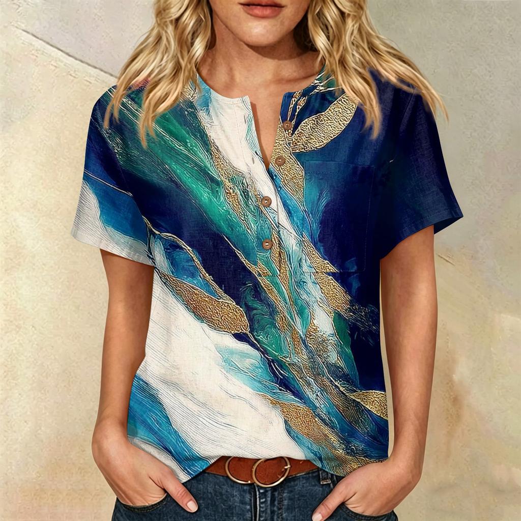 Women's Short Sleeve Linen Cotton Shirt Henley Button Neck Chest Pocket Casual Blouse with Artistic Print Pattern Lightweight Summer Top