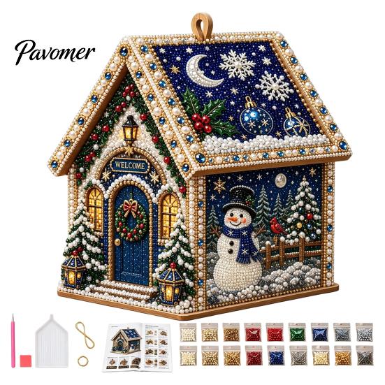 DIY Holiday Craft Set 3D House Christmas Faux Pearl Art Kit, Handmade Rhinestone Painting Kit Relaxing Activities for Adults Adults, Tabletop