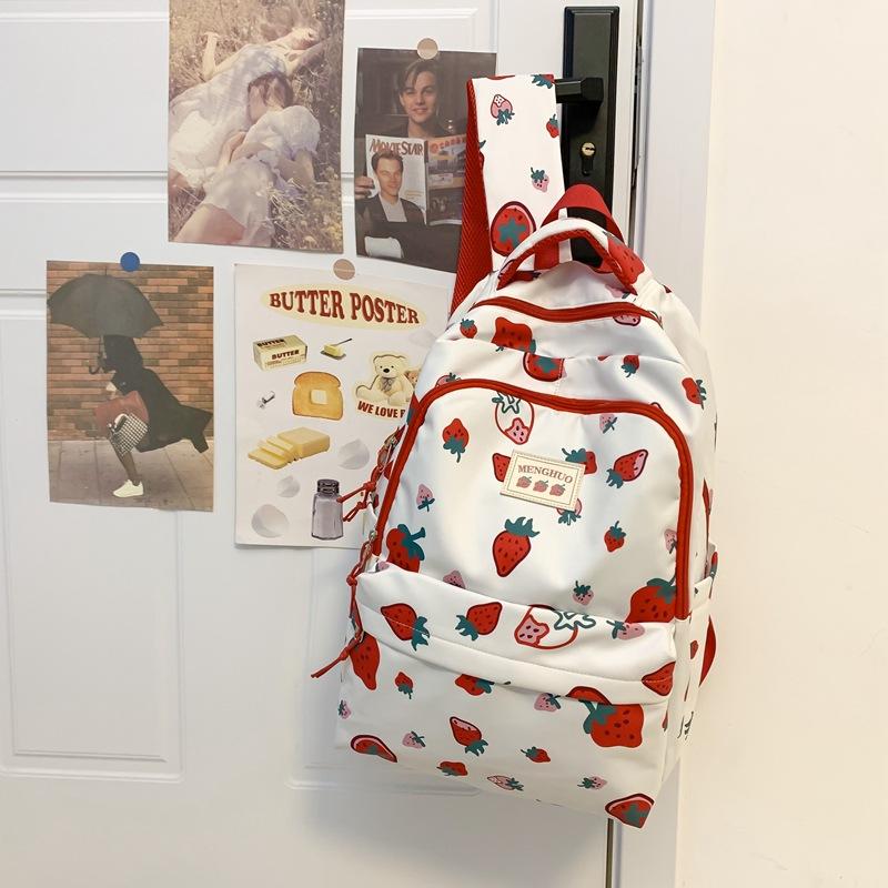 Japanese Small Fresh Personality Graffiti Junior High School Student Schoolbag Women'S Large Capacity Casual Strawberry Bear Printed Backpack