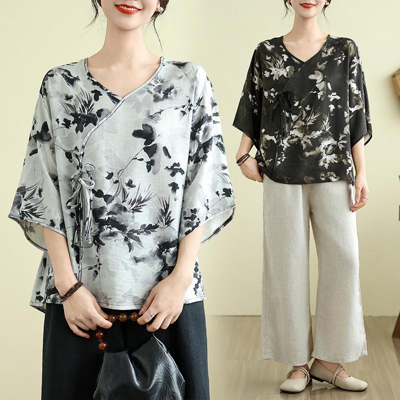 New Chinese Style Chiffon Shirt Printed Plus Size Shirt Summer Retro Loose Short Sleeved Top
