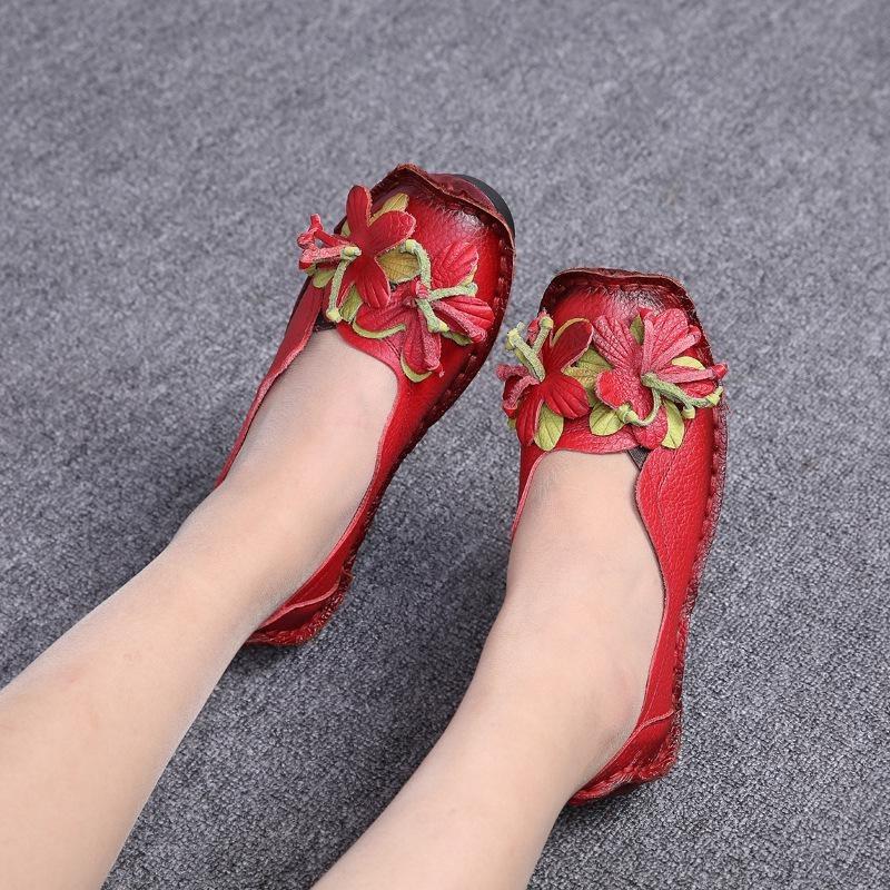 Ručně vyráběné květinové boty Dámské měkké boty s plochým dnem Podzimní ležérní sandály Boty z pravé kůže