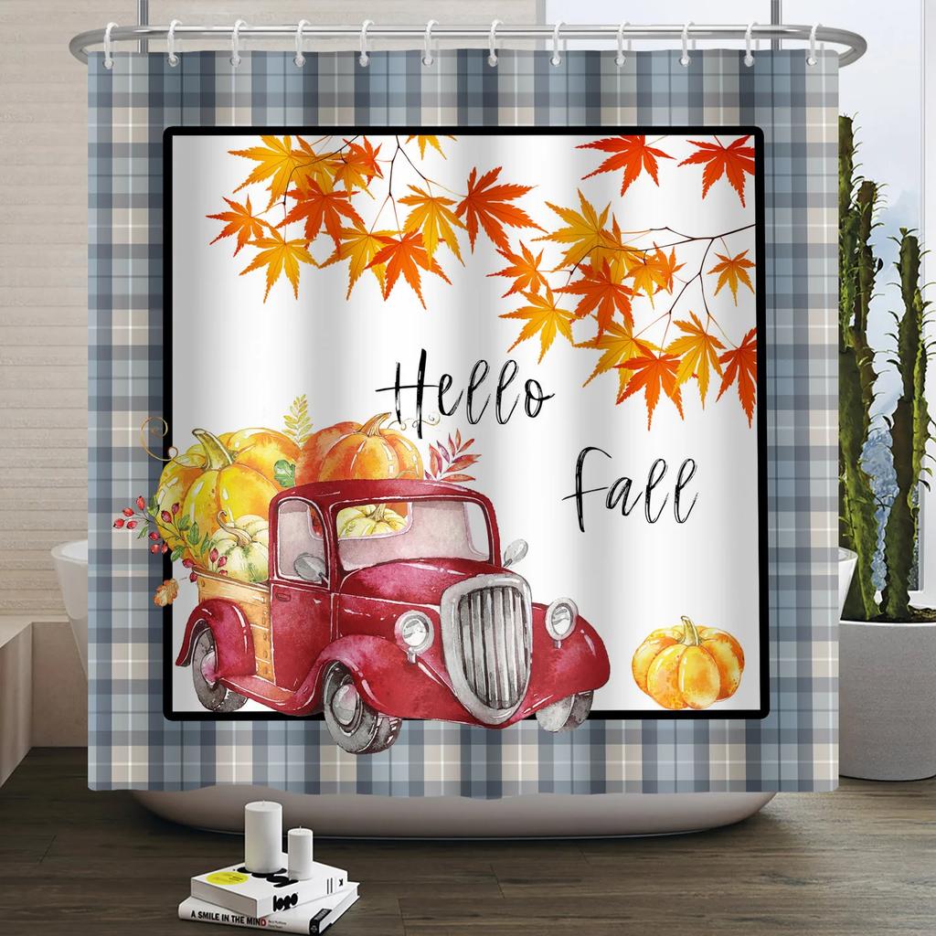Autumn Forest Maple Shower Curtain Natural Jungle Leaves Pumpkin Fall Bathroom Shower Curtain Waterproof Shower Curtain Decor