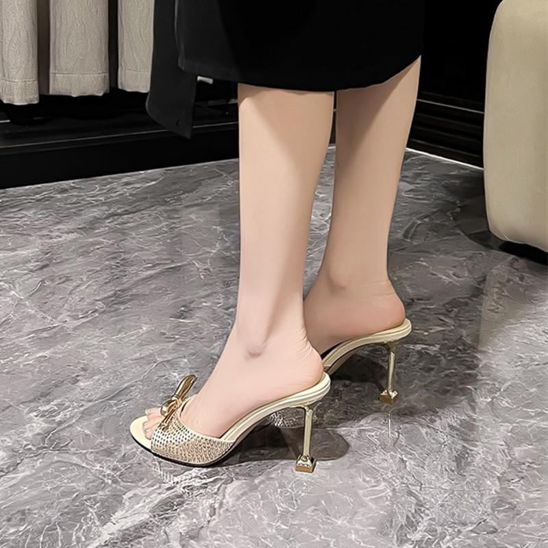Fashion Luxury Rhinestones Satin Bowknot Peep toe Women Slippers Sandals Fashion Thin High heels Mules Slides Summer Party Prom Shoes